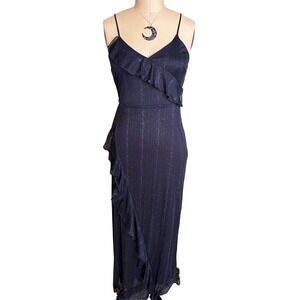 Alexa B Nites Maxi Dress Women Size 6 Navy Blue Ruffle Metallic Shimmer